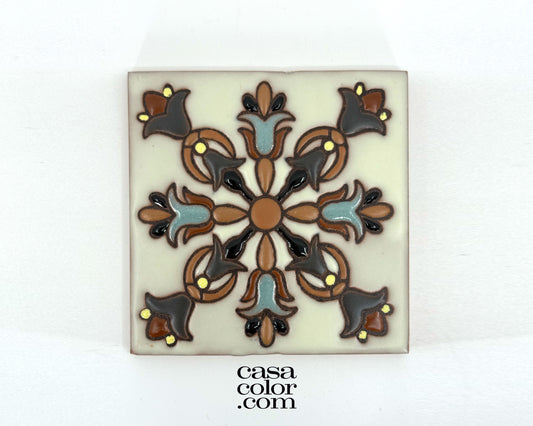 4"x4" Flower/Spade High Relief Tile. Hand-Painted Tile.