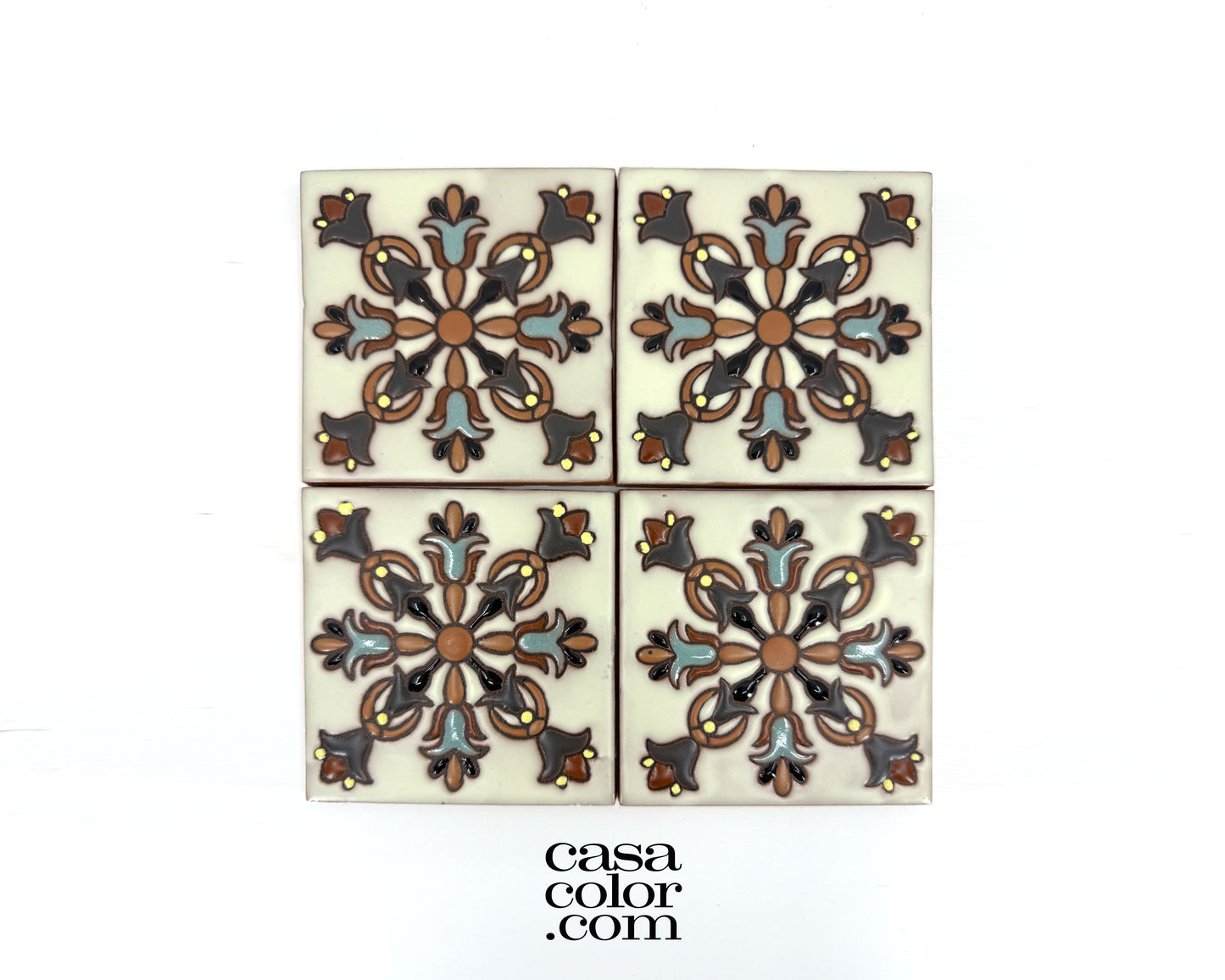 4"x4" Flower/Spade High Relief Tile. Hand-Painted Tile.