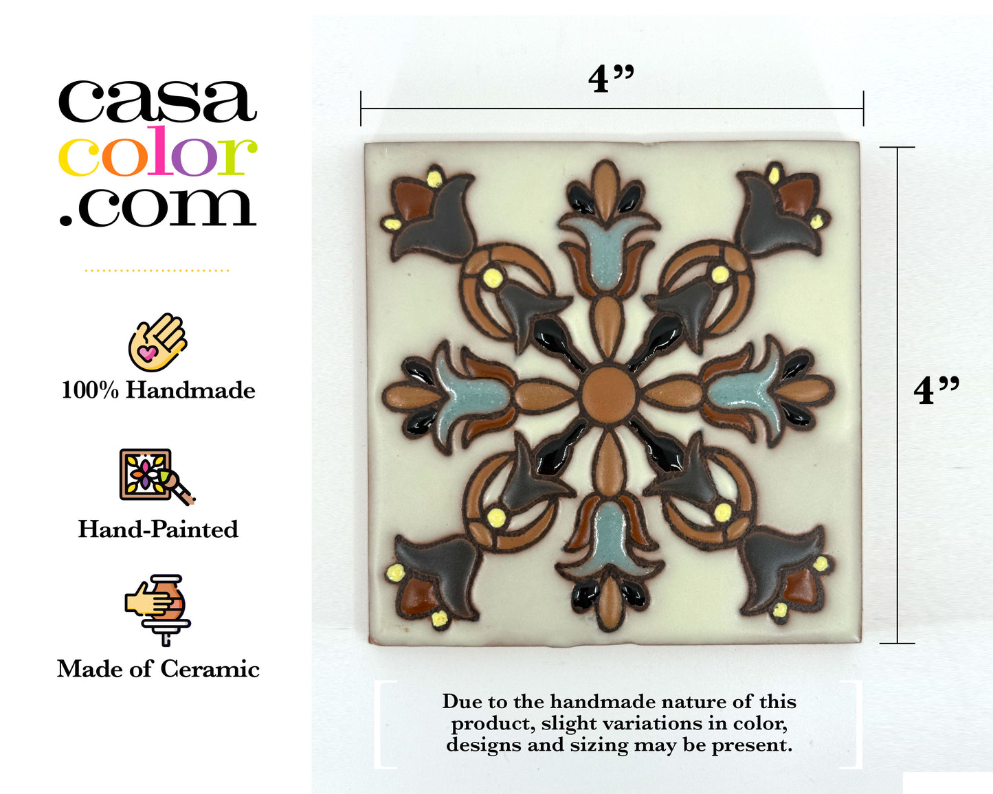 4"x4" Flower/Spade High Relief Tile. Hand-Painted Tile.