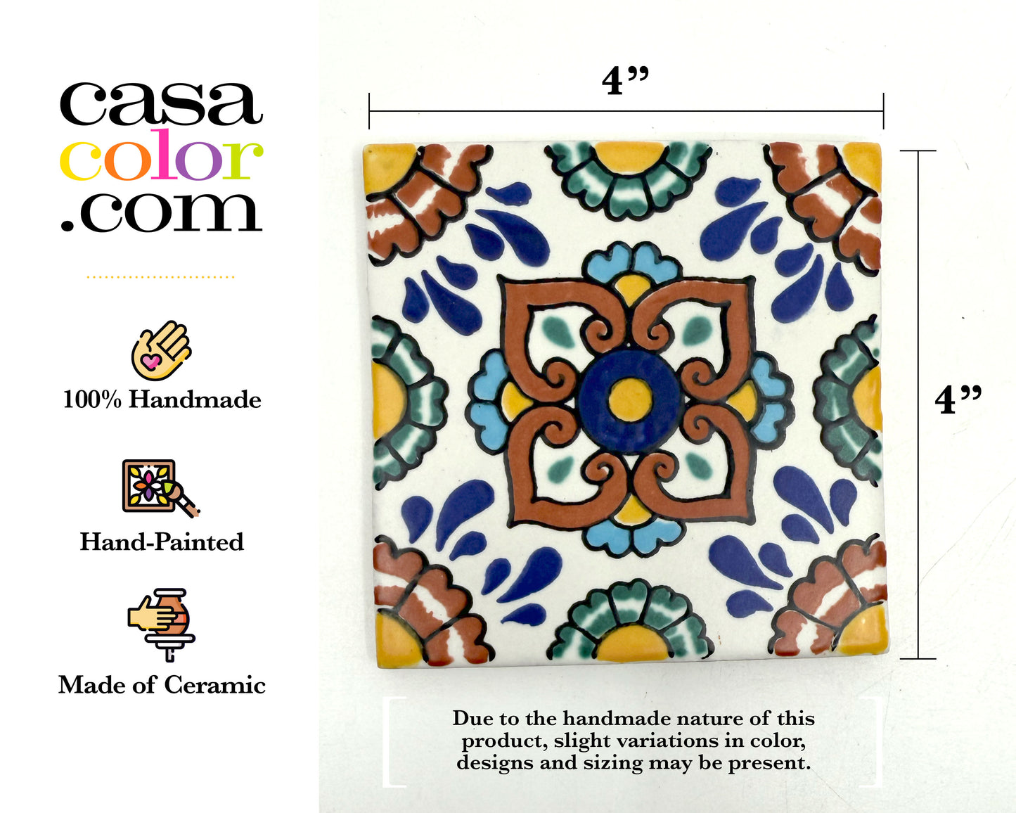 Very White Background Matte Finish 25 Decorative Talavera Tile, Colorful Style 4X4