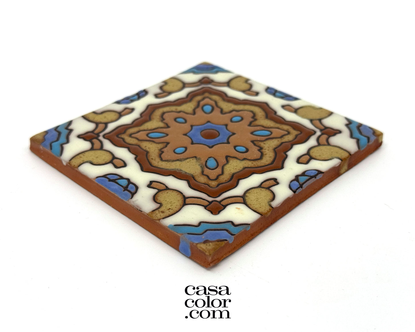 4"x4" Relief Surface Hand-Painted Tile. Brown and Blue Tile