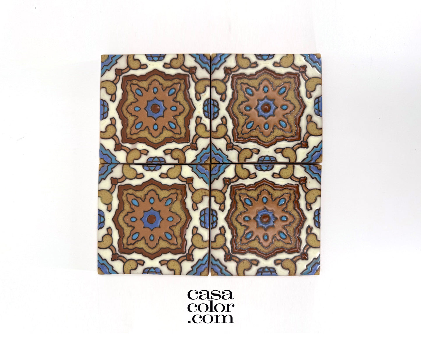 4"x4" Relief Surface Hand-Painted Tile. Brown and Blue Tile