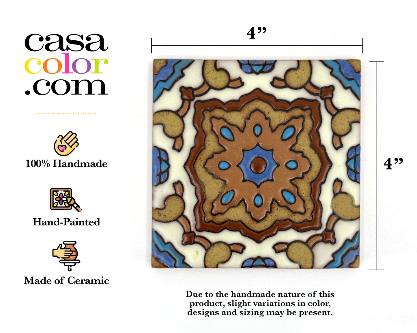 4"x4" Relief Surface Hand-Painted Tile. Brown and Blue Tile