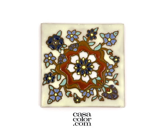 4"x4" Blue and Red High Relief Flower Tile. Hand-Painted Tile