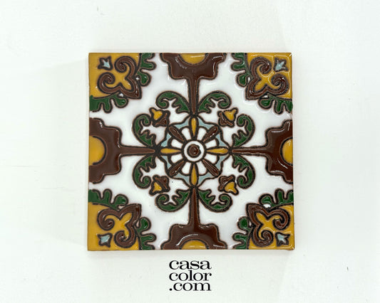 4"x4" Gold and Green Flower High Relief Tile. Hand-Painted Tile