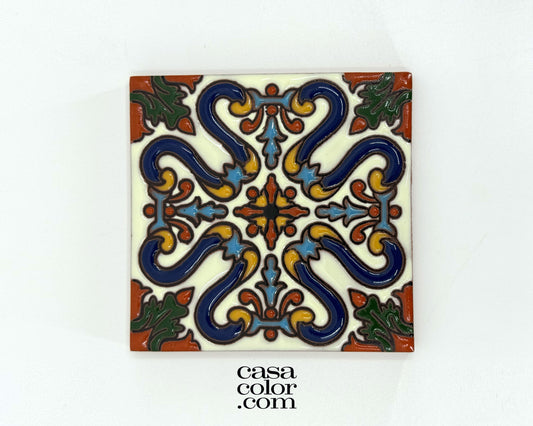 4"x4" High Relief Mediterranean Inspired Tile. Hand-Painted Tile