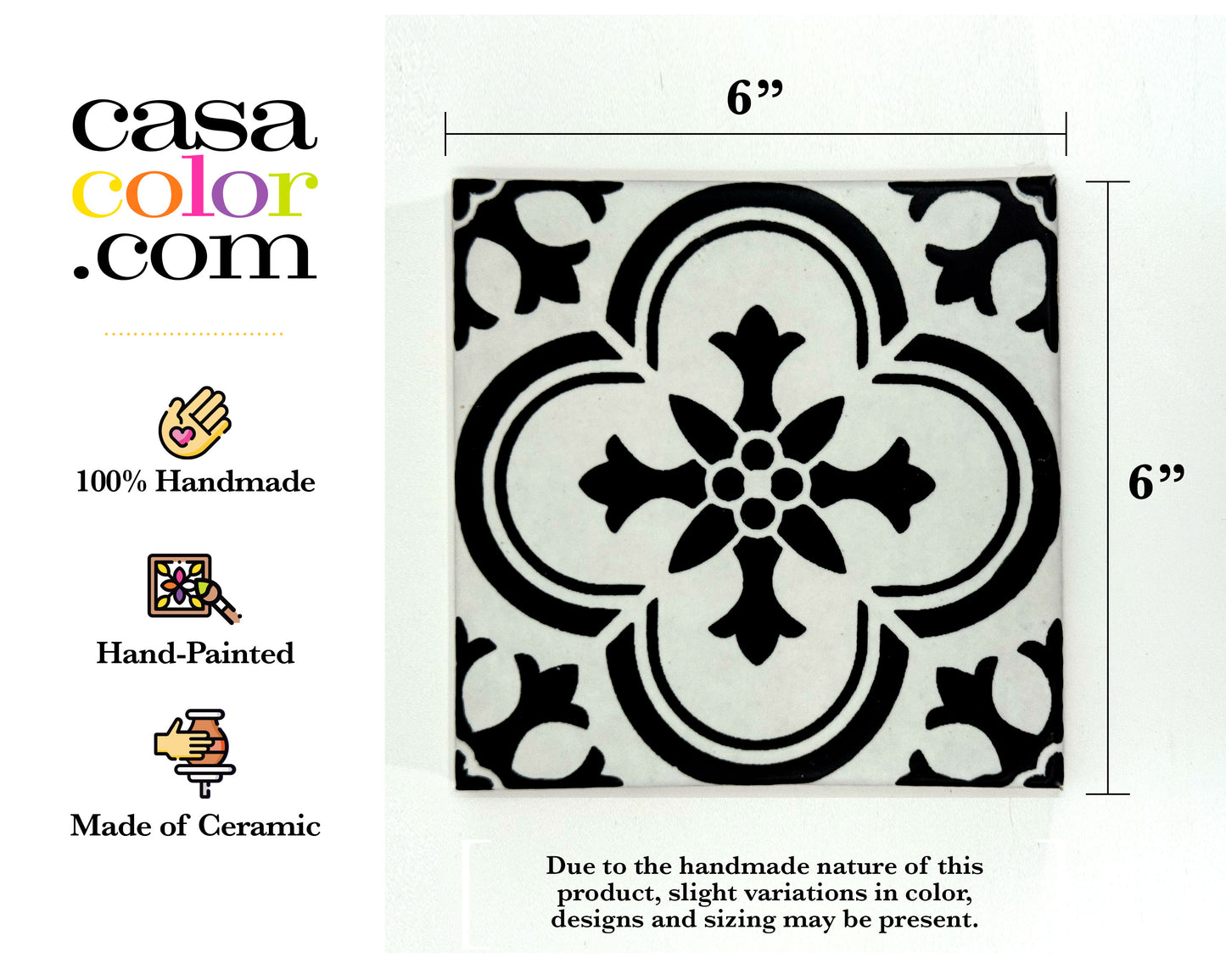 6"x6" Hand Brush Tile. Black and White Tile. Hand Painted Tile