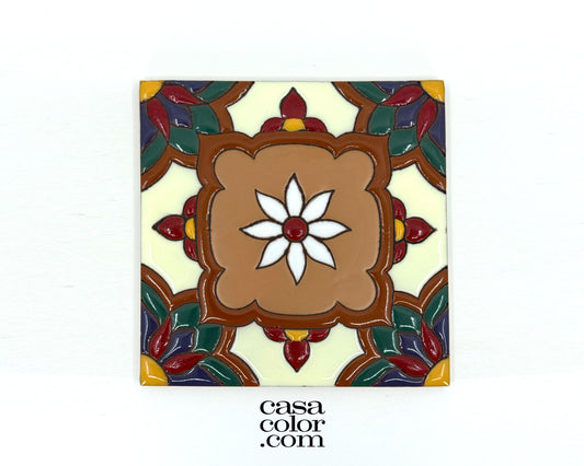 This tile 6x6 inch and the tile has a relief surface with many colors. The colors of this glossy tile are Brown, White, Red, Blue and Yellow.