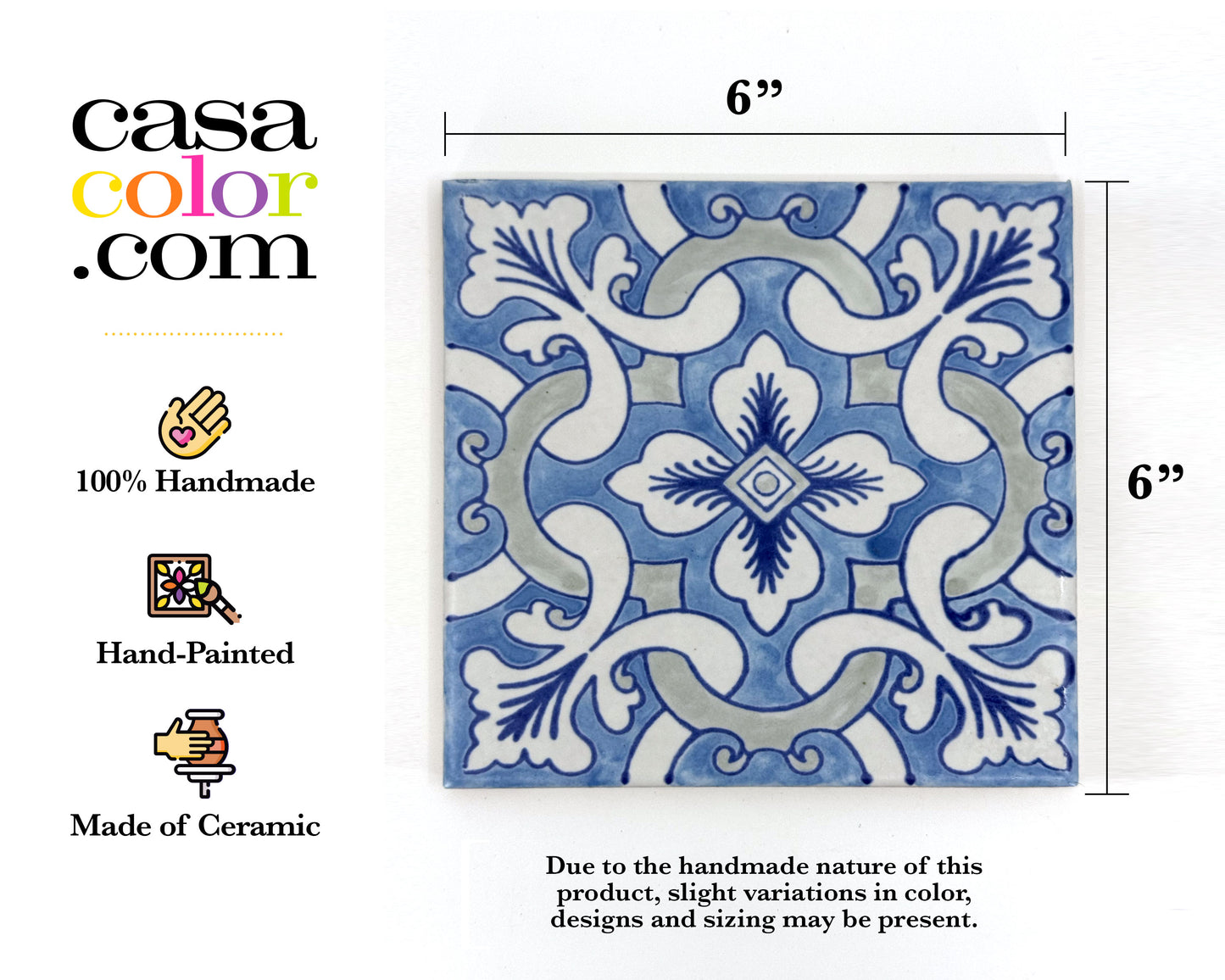 6"x6" Hand Brush Blue Flower Tile. Ceramic Tile. Indoor and Outdoor Tile