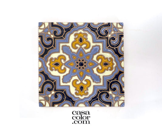 Mediterranean style 6x6 inches tile. Lilac and blue tile with a pattern of a star and a flower.