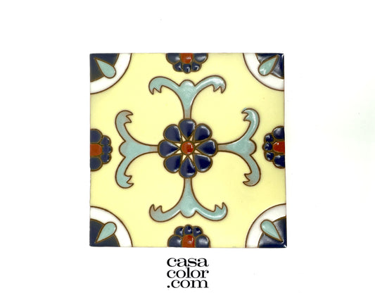 High textured glossy tile. The tile is 6x6 inches. The colors on this tile are blue, beige and red.